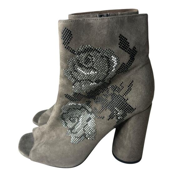 Donald Pliner Floral Embellished Peep Toe Suede Booties Grey Size 9.5 - Picture 5 of 9